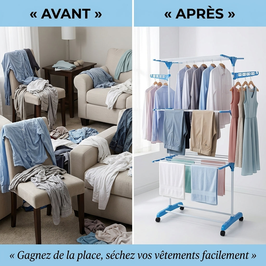 Séchez plus, gagnez de l’espace et gardez votre linge bien organisé - Étendoir à vêtements pliable 3 niveaux avec roulettes