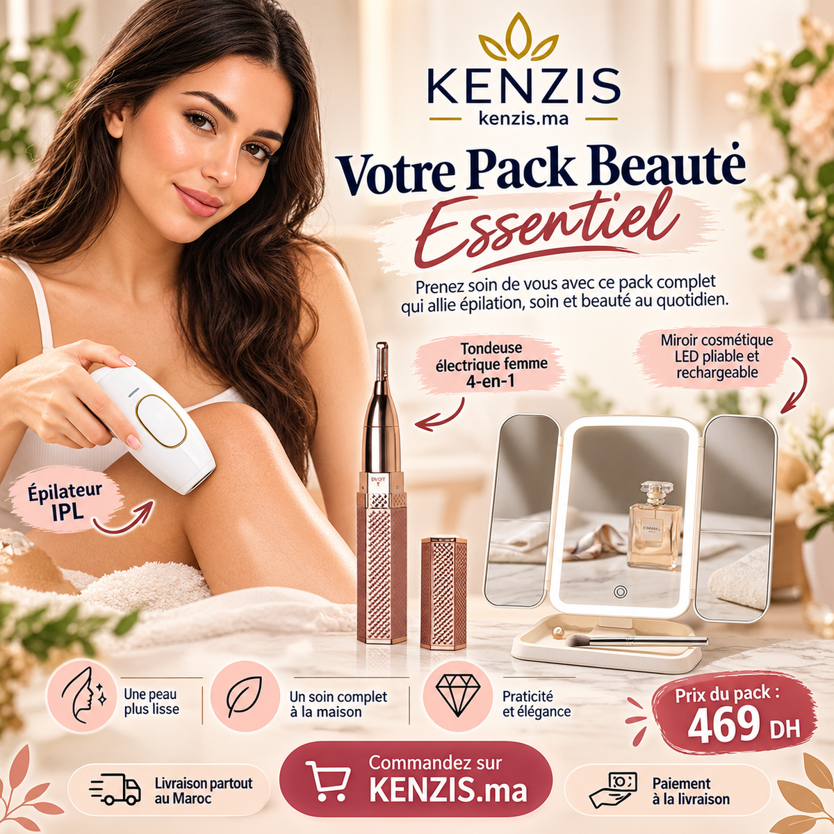 Pack Beauté Essentiel Kenzis : épilateur IPL, tondeuse 4-en-1 et miroir LED